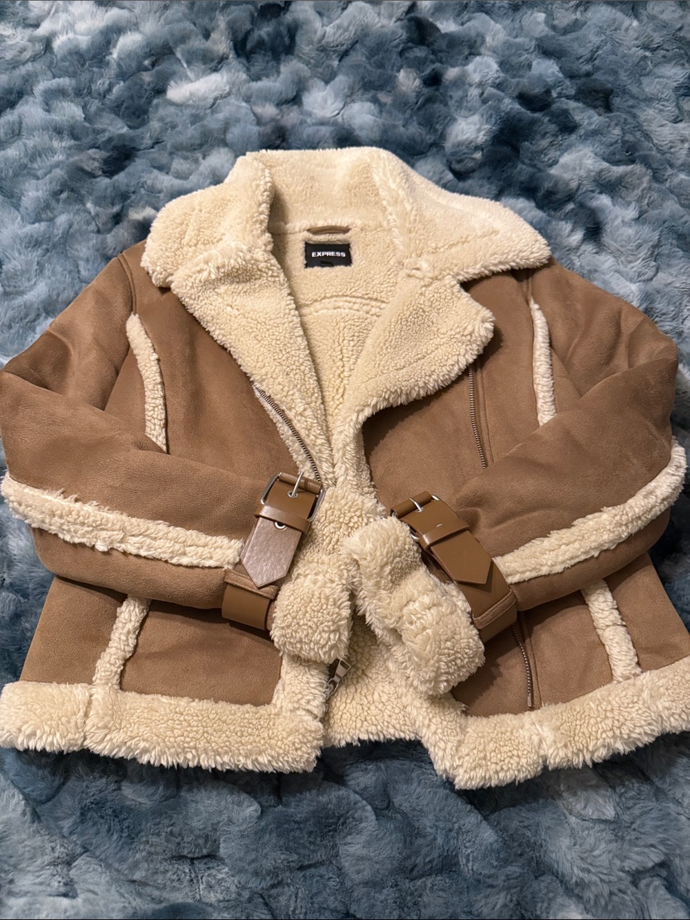 Express Faux Suede Shearling Jacket in Tan and Cream